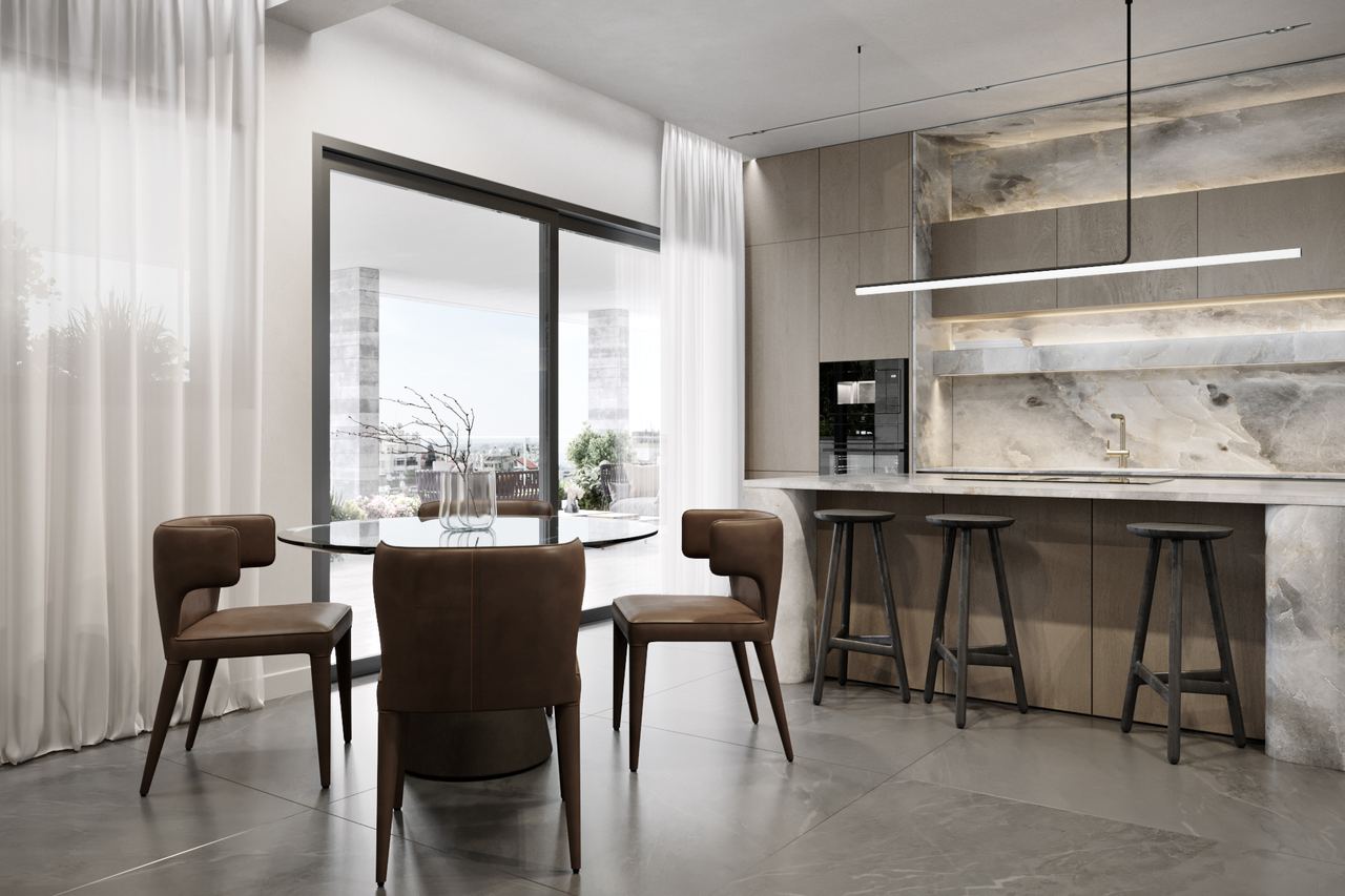 Finished apartment interior: open-plan kitchen and dining area with marble finishes