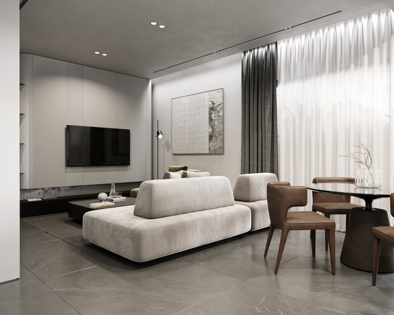 Finished apartment interior: neutral-toned living room with large windows